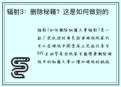 辐射3：删除秘籍？这是如何做到的