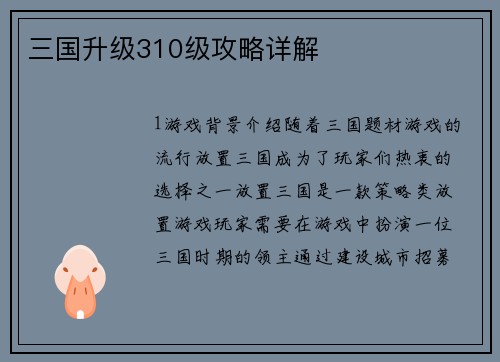 三国升级310级攻略详解
