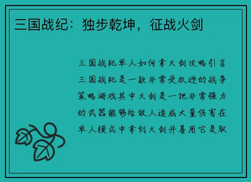 三国战纪：独步乾坤，征战火剑