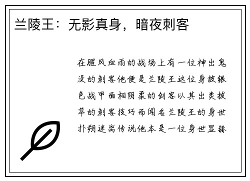 兰陵王：无影真身，暗夜刺客