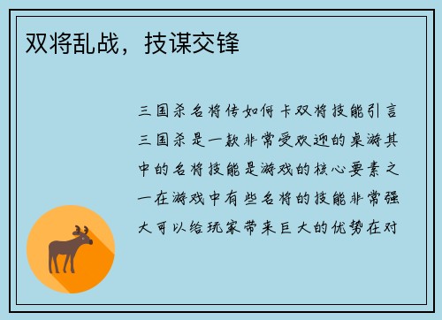 双将乱战，技谋交锋